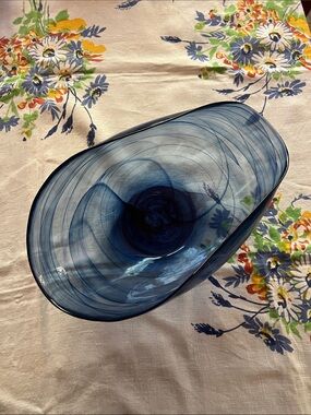 Vintage Handblown Blue Glass Decorative Bowl – Elegant Home Art Accent